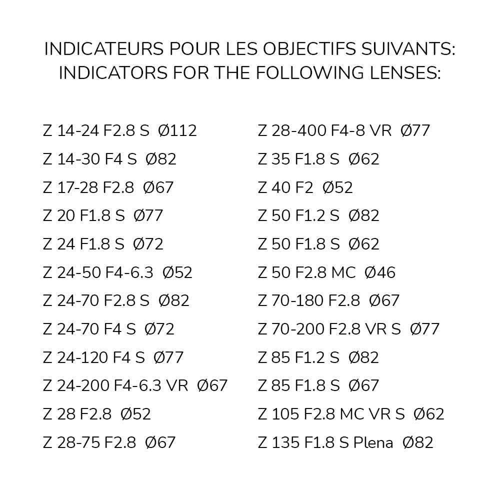 Indicateurs d'objectifs avant/arrière Nikon Z